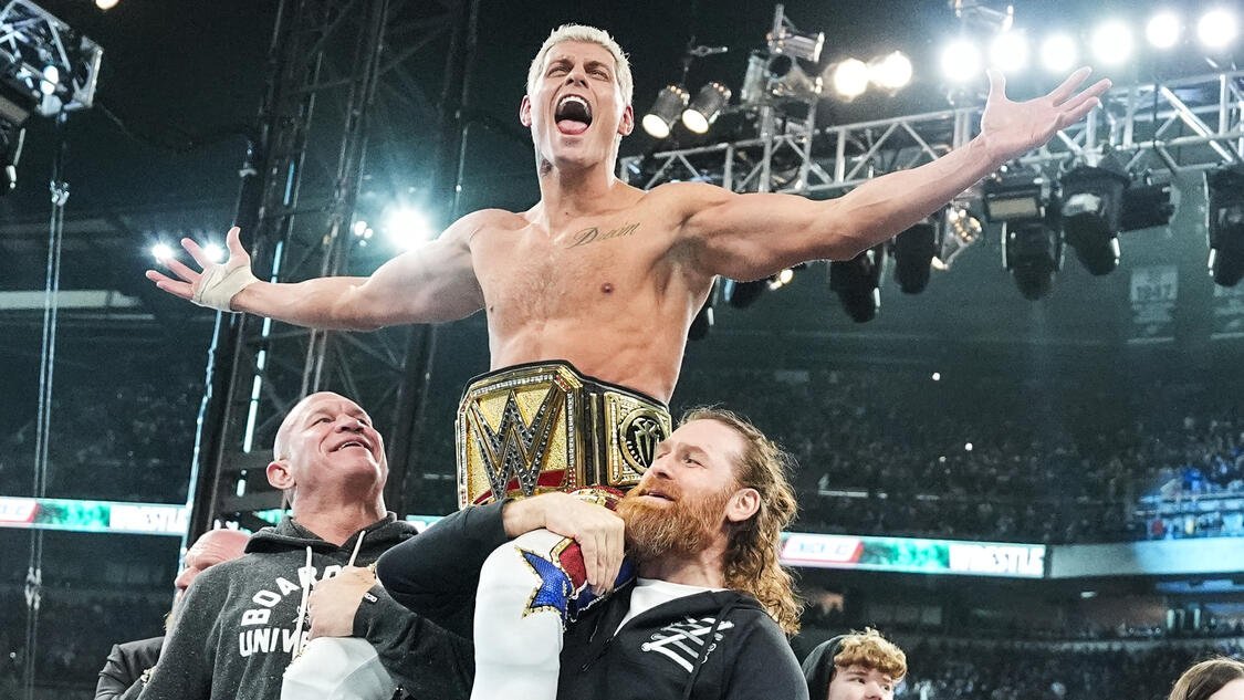 Cody Rhodes celebrating his win at Wrestlemania 40